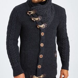 Cozy Dark Gary Shawl Turtleneck Collar Cable Knit Sweater